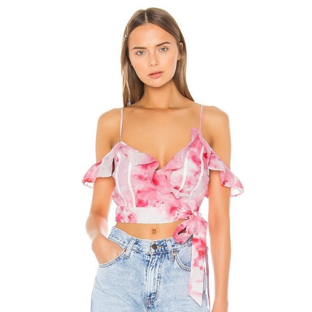 Lovers & Friends Leia Wrap Top Pink Tie Dye Cropped Off the Shoulder Women's XL